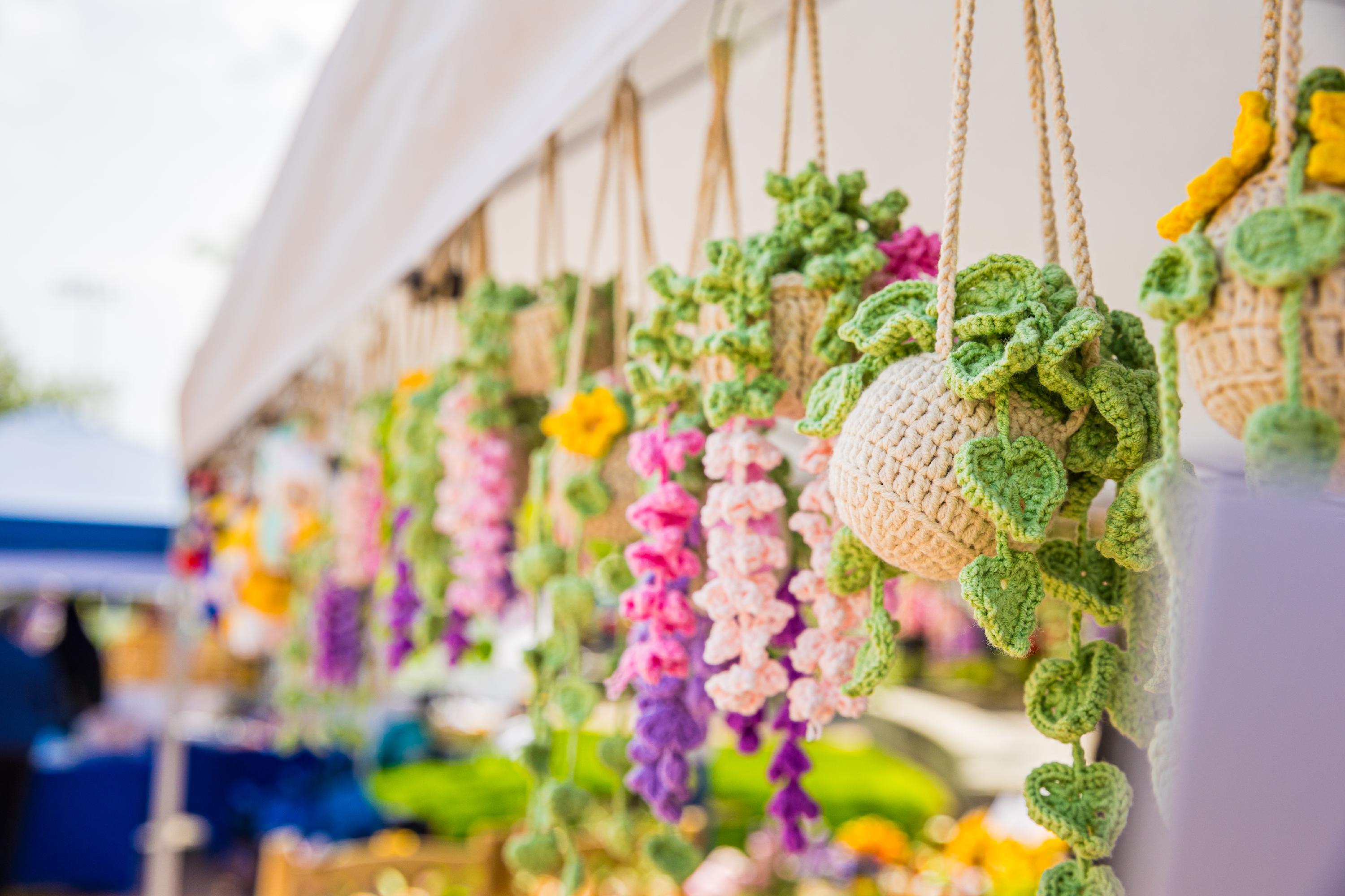 Knitted hanging plants from the Spring Craft Fair